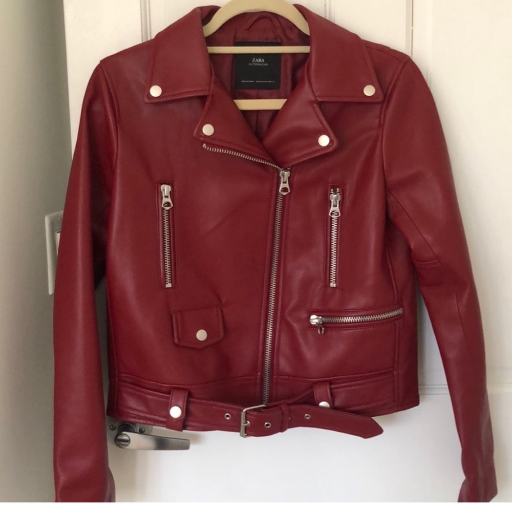 ♥️… Zara Red Biker Moto Faux Leather Jacket XS